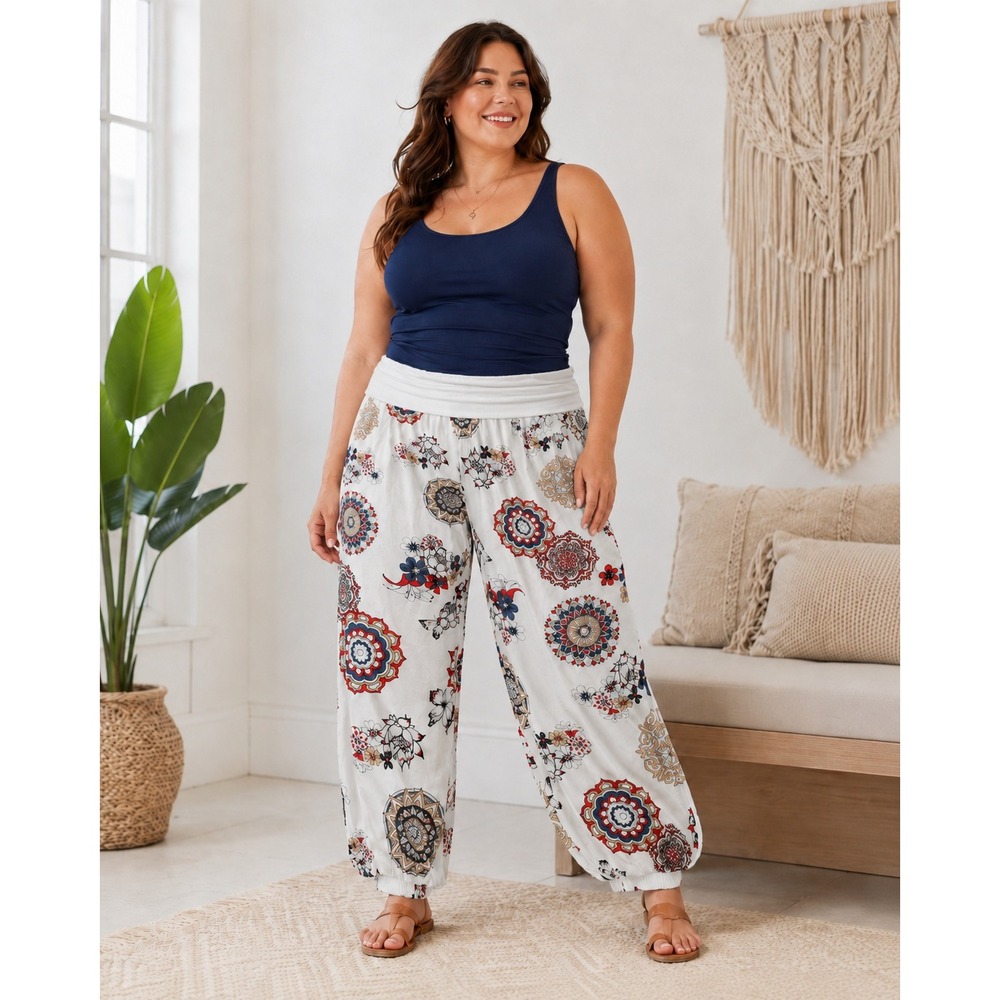 Womens 4XL Boho Mandala Floral Harem Indie Yoga Pants White High Waist Plus Size